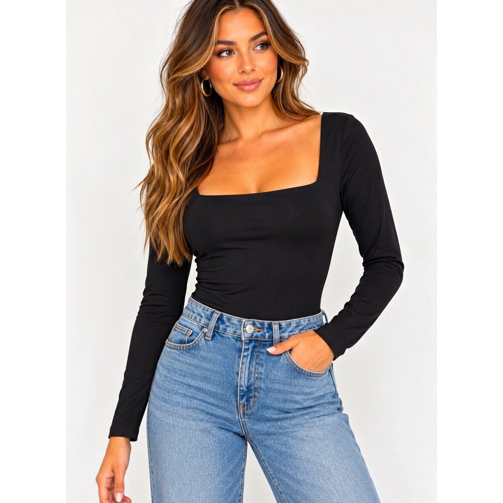 Aritzia Babaton Black Contour Squareneck Long Sleeve Thong Bodysuit Sz M
